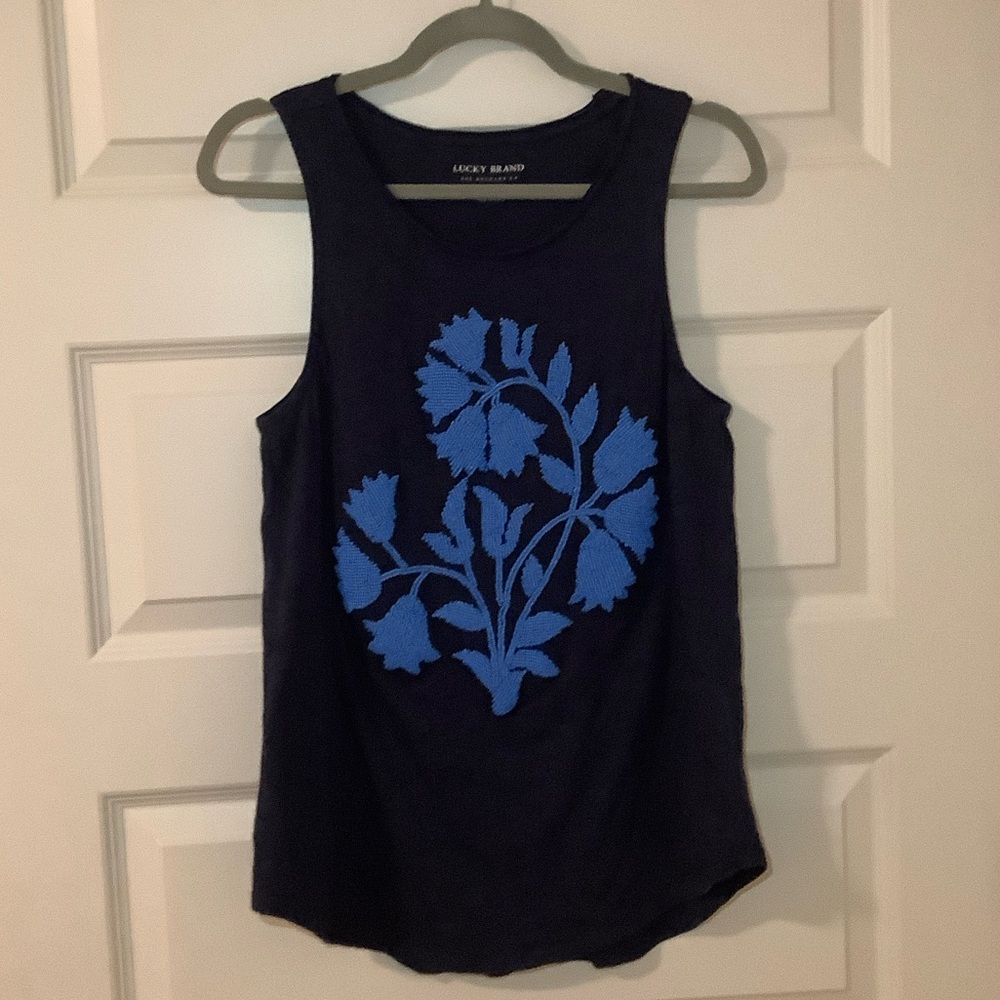 Lucky Brand Beaded Sleeveless Cotton T Shirt Dark Blue Size M